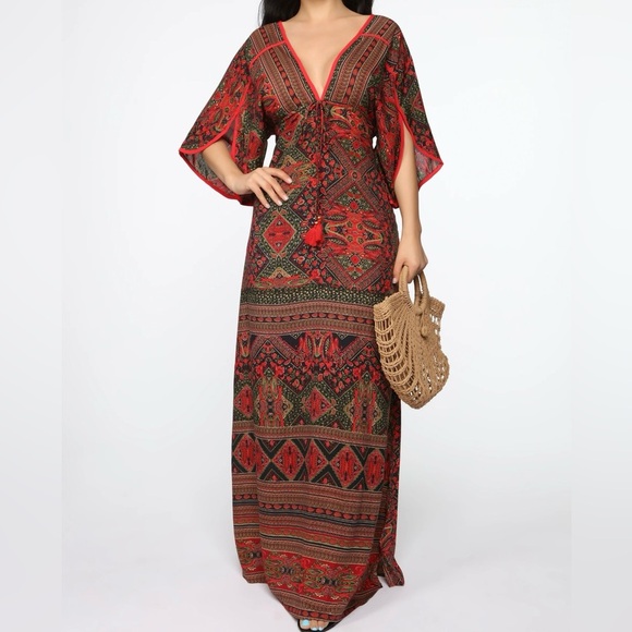 Boho Dashiki V-Neck Maxi Dress – Red – Size 3X - Picture 2 of 4